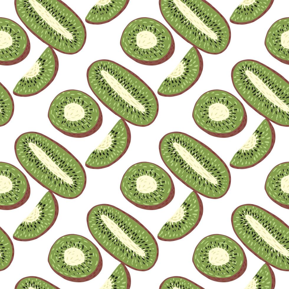 Isolated seamless pattern with decorative abstract kiwi silhouettes print. White background. Food backdrop. vector