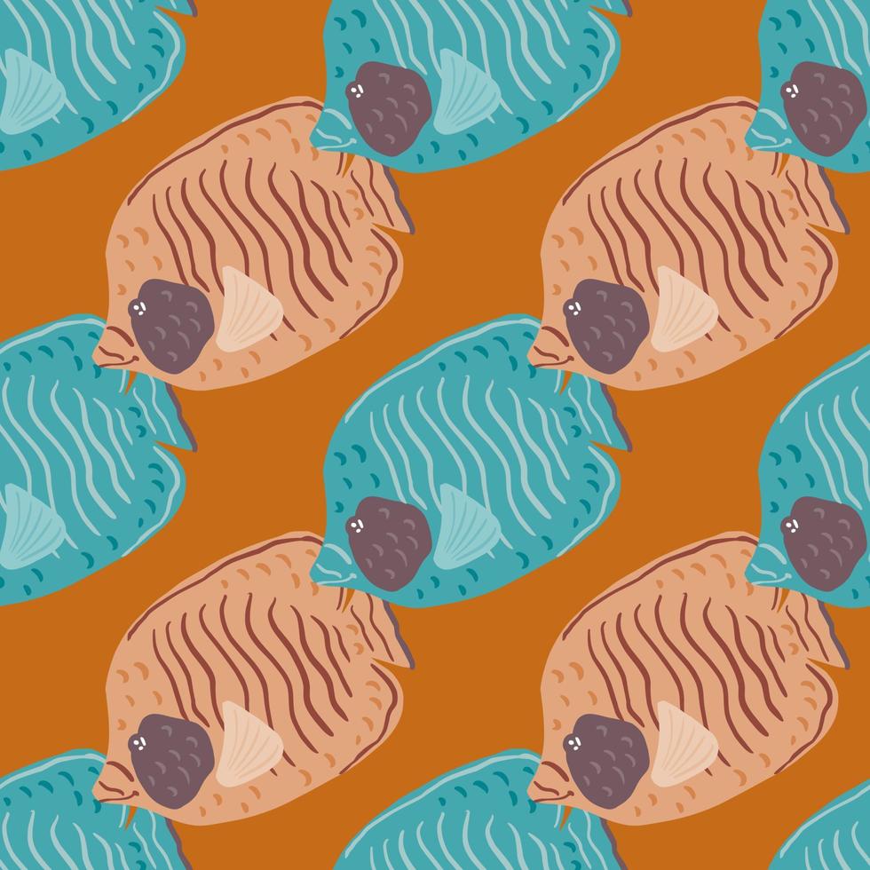 patrón de álbum de recortes sin costuras de dibujos animados con estampado de pez mariposa de contorno beige y azul. fondo naranja vector