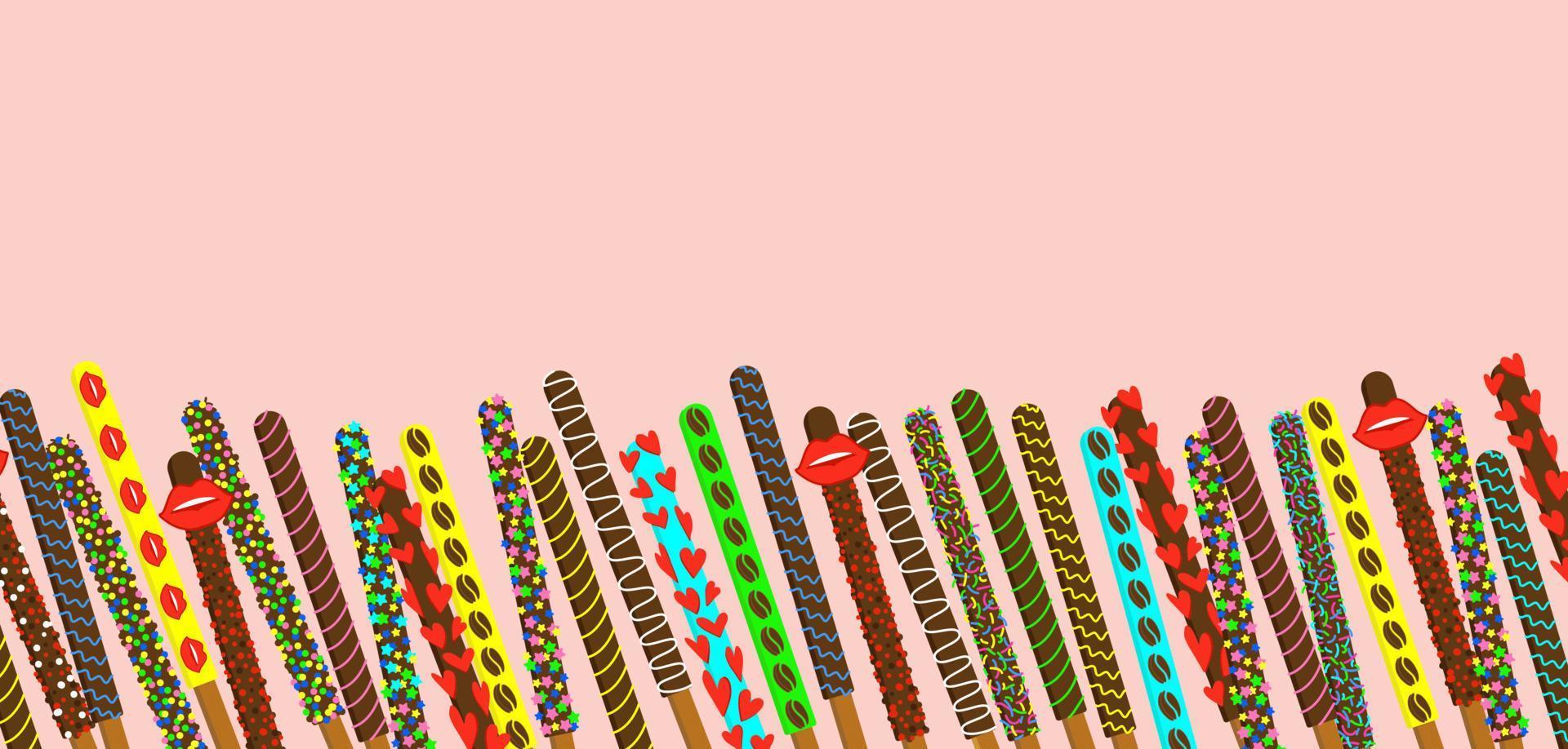 día pepero. fondo de palitos de galleta. pajitas dulces de chocolate espolvoreadas con azúcar glas. ilustración vectorial aislada. vector