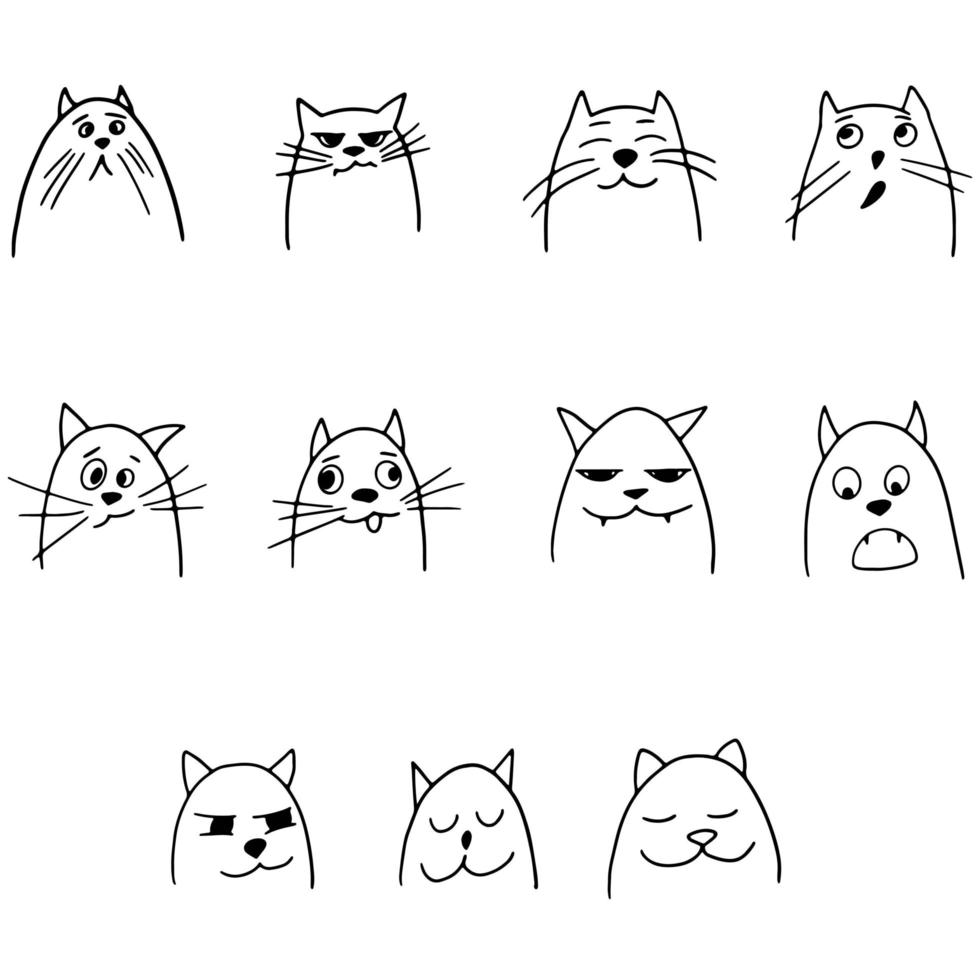 Set of cats heads with different emotions in hand drawn cartoon style. Doodle vector illustration of animal characters isolated on white background