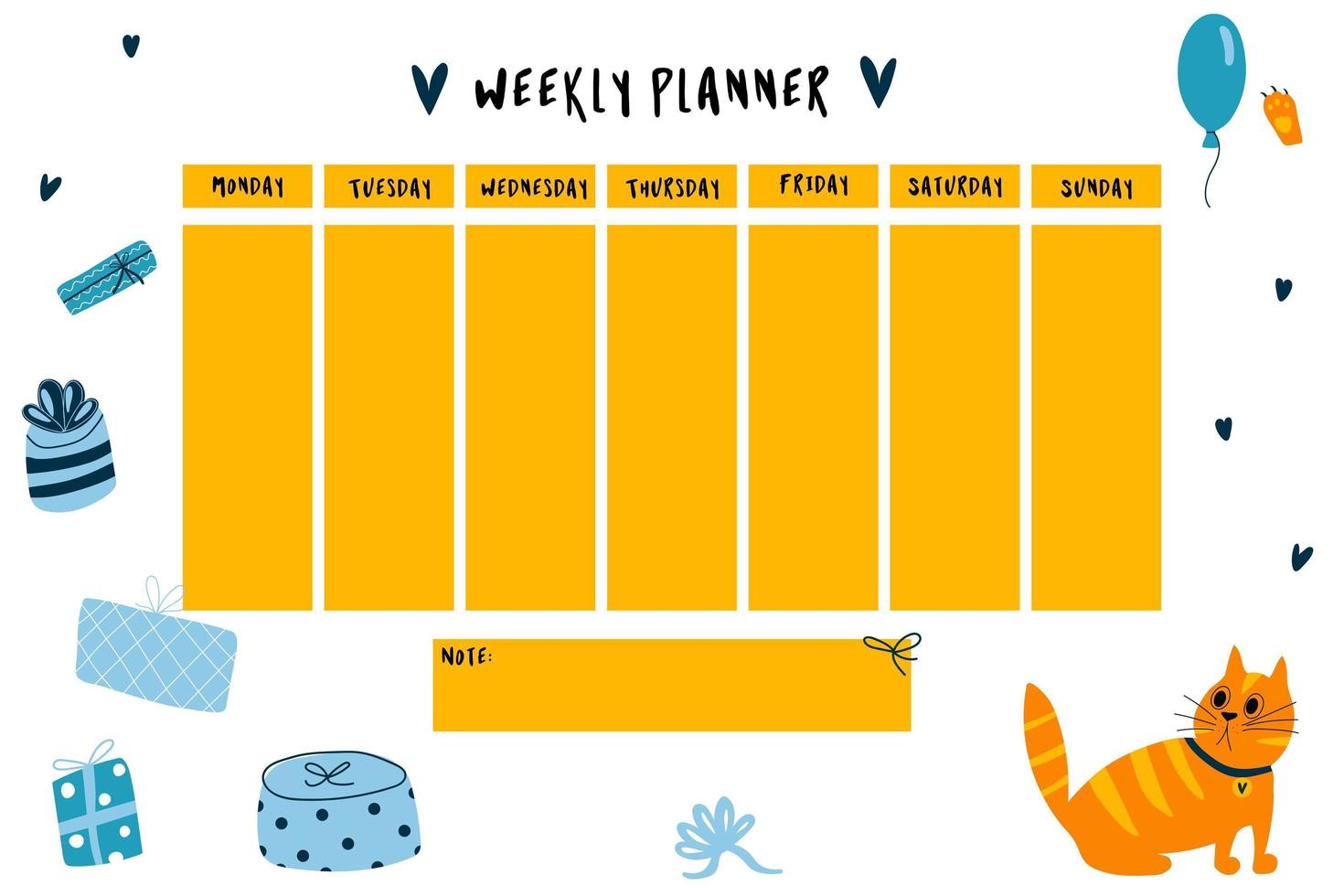 Weekly planner for kids with cat and box gifts in cartoon childish style. Colorful vector illustration for stationary, schedule, list, school timetable, extracurricular activities