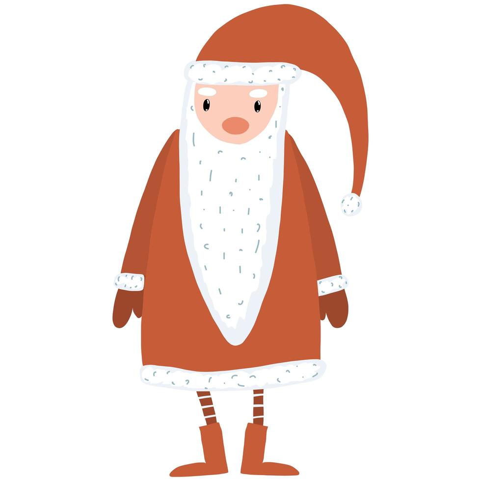 Standing Santa Claus with long red hat. Cartoon Christmas holiday character. Vector illustration of Father Frost. Man dressed as Santa Claus