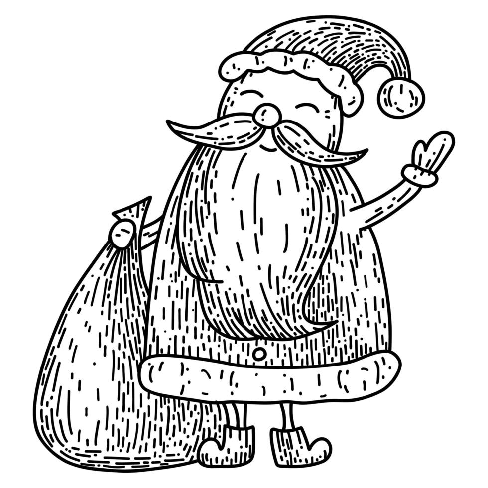 personaje de navidad dibujado a mano en estilo de garabato de dibujos animados. boceto vectorial de santa, dibujo lineal de tinta negra vector