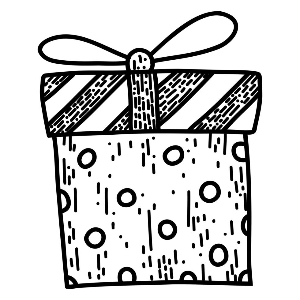 Christmas gift in cartoon doodle style. Linear black illustration in sketch style vector