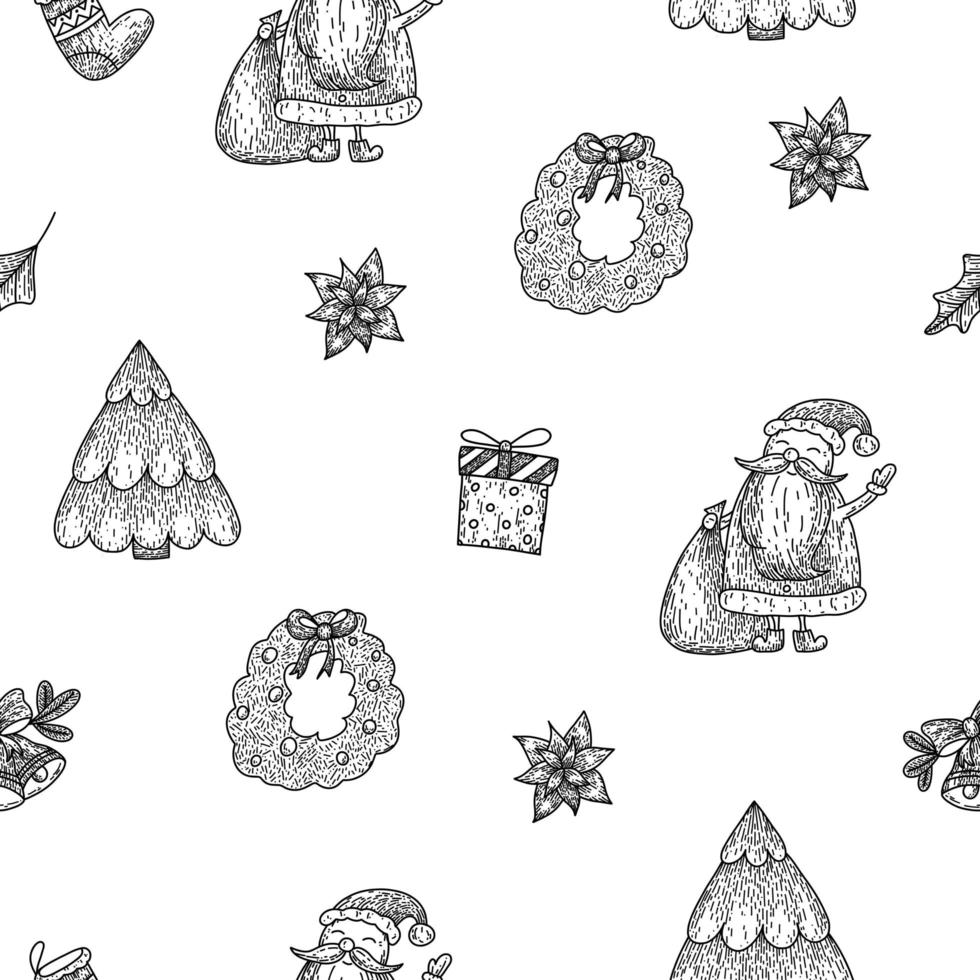 Christmas seamless pattern with Santa Claus, Christmas tree, gift, sock, wreath and poinsettia in cartoon doodle style. Linear vector background