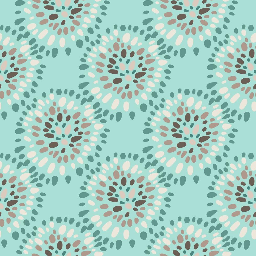 Seamless pattern with hand drawn ethnic elements. Dot circles and background in blue and aquamarine tones. vector