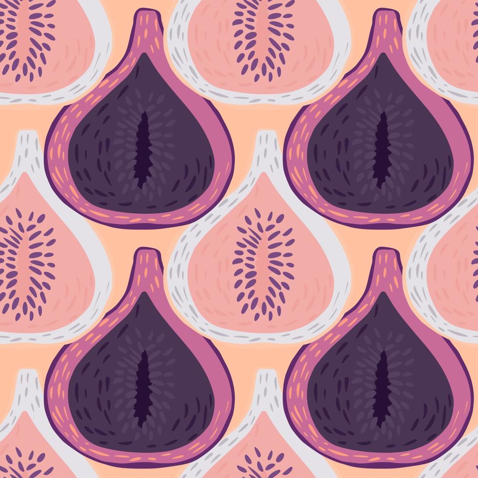 Doodle fruits seamless pattern with fig purple and pink ornament. Orange pastel background. vector