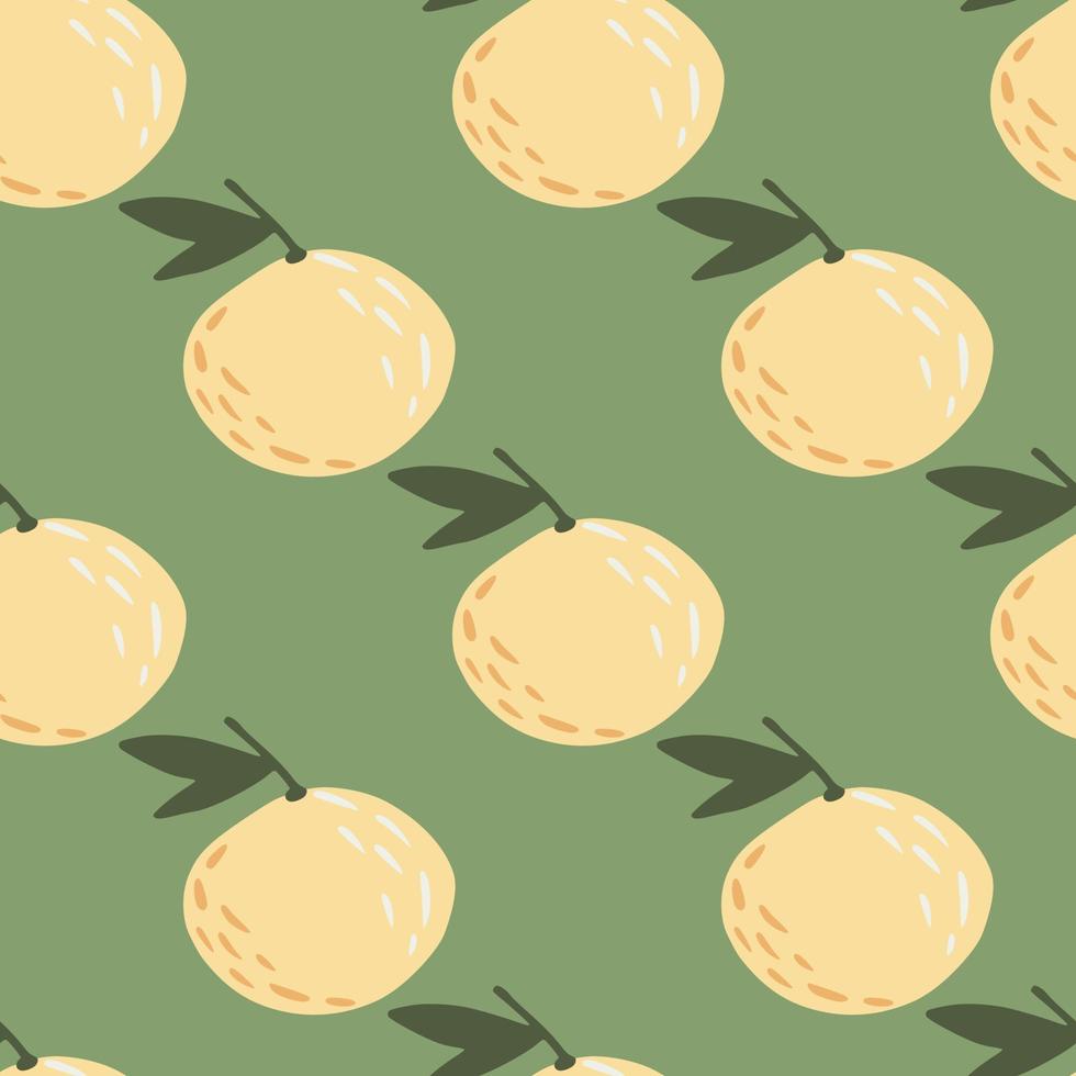 Minimalistic seamless pattern with stylized citrus mandarin silhouettes. Light yellow shapes on green background. vector