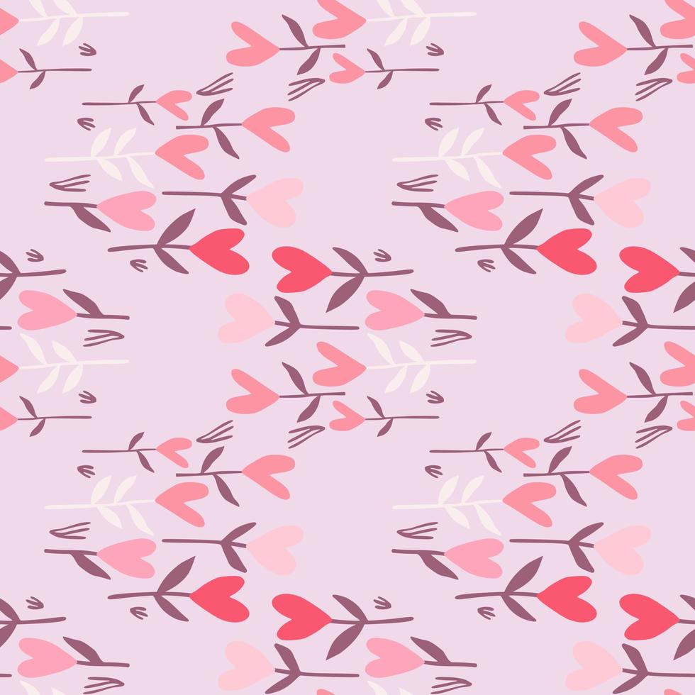 Random seamless valentine pattern with floral heart elements. Light lilac background with pink details. vector