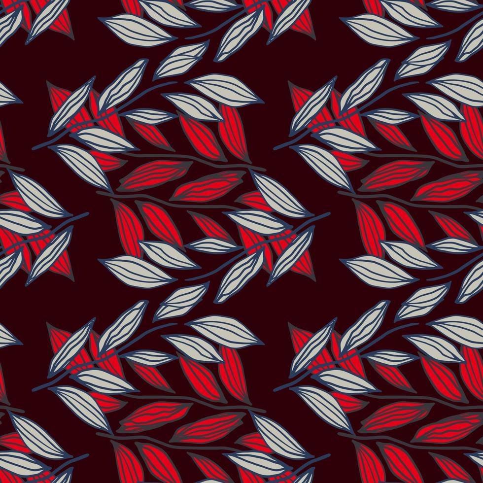 Doodle seamless pattern with contoured leaves branches. Foliage in red and blue colors on black background. vector
