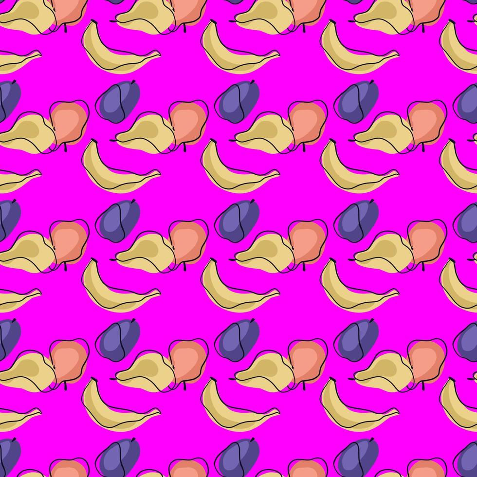 Natural seamless pattern with organic abstract bananas, plums, pears and apples shapes. Pink background. vector
