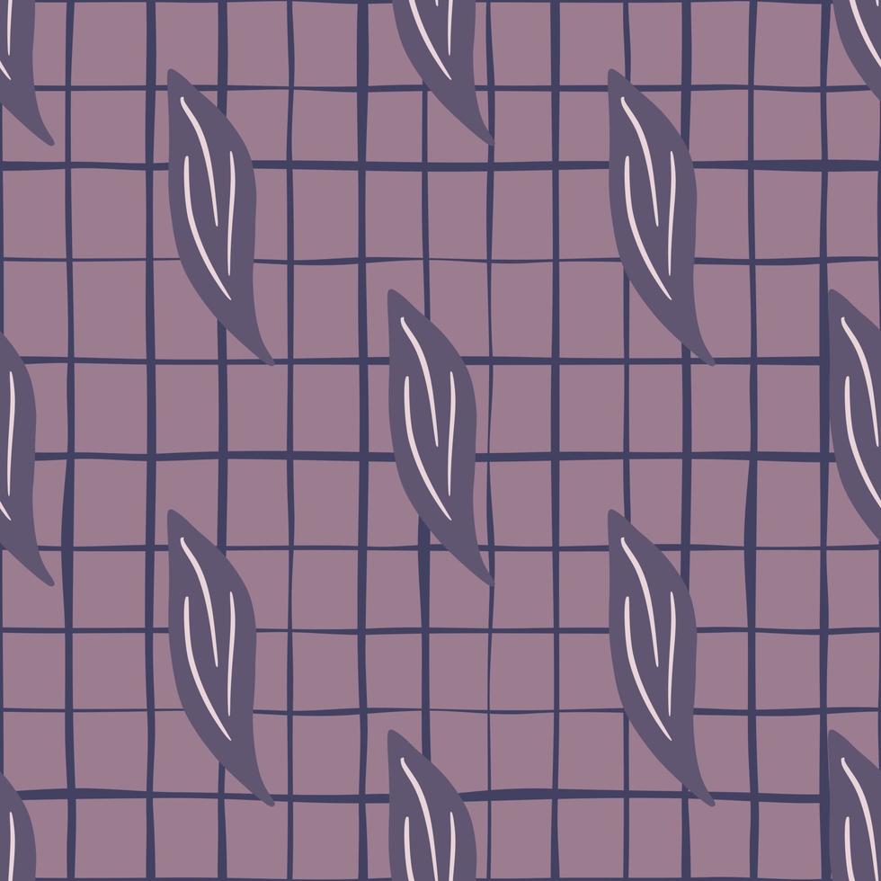 Dark purple seamless doodle pattern with simple leaves ornament. Purple chequered background. vector