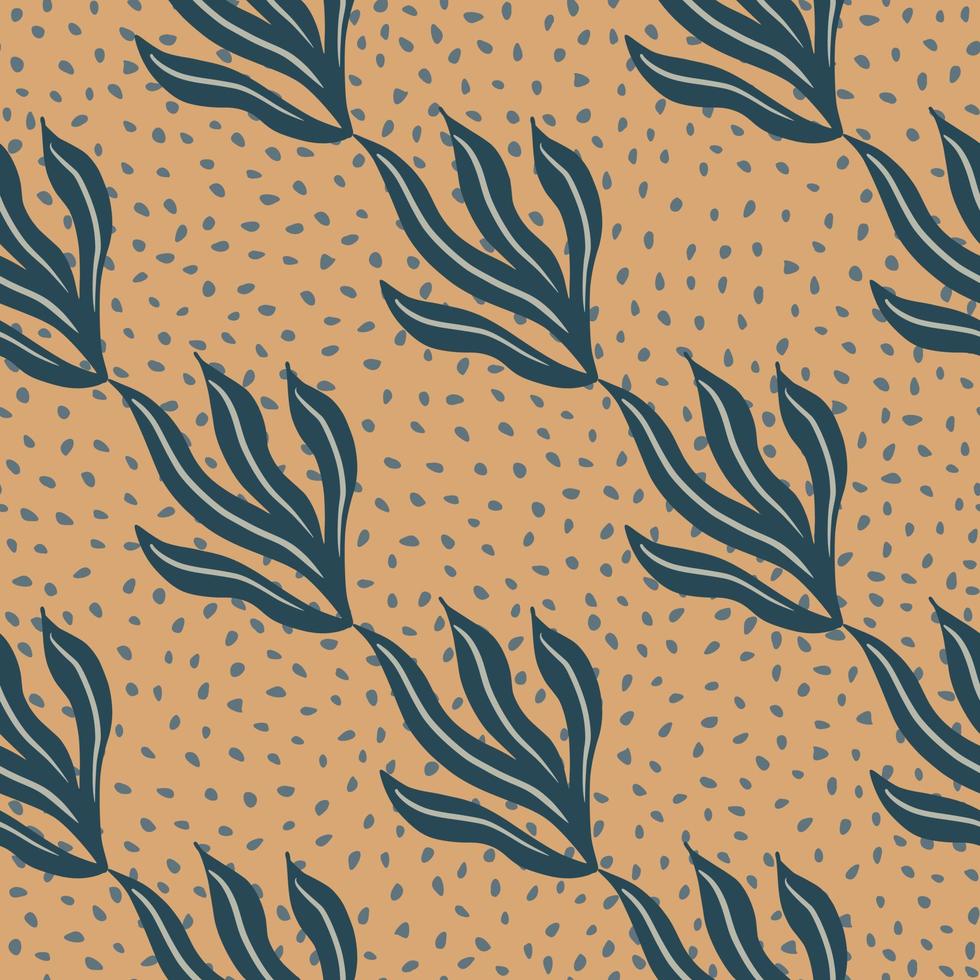 Abstract marine seamless pattern with navy blue outline seaweeds shapes. Beige dotted background. vector