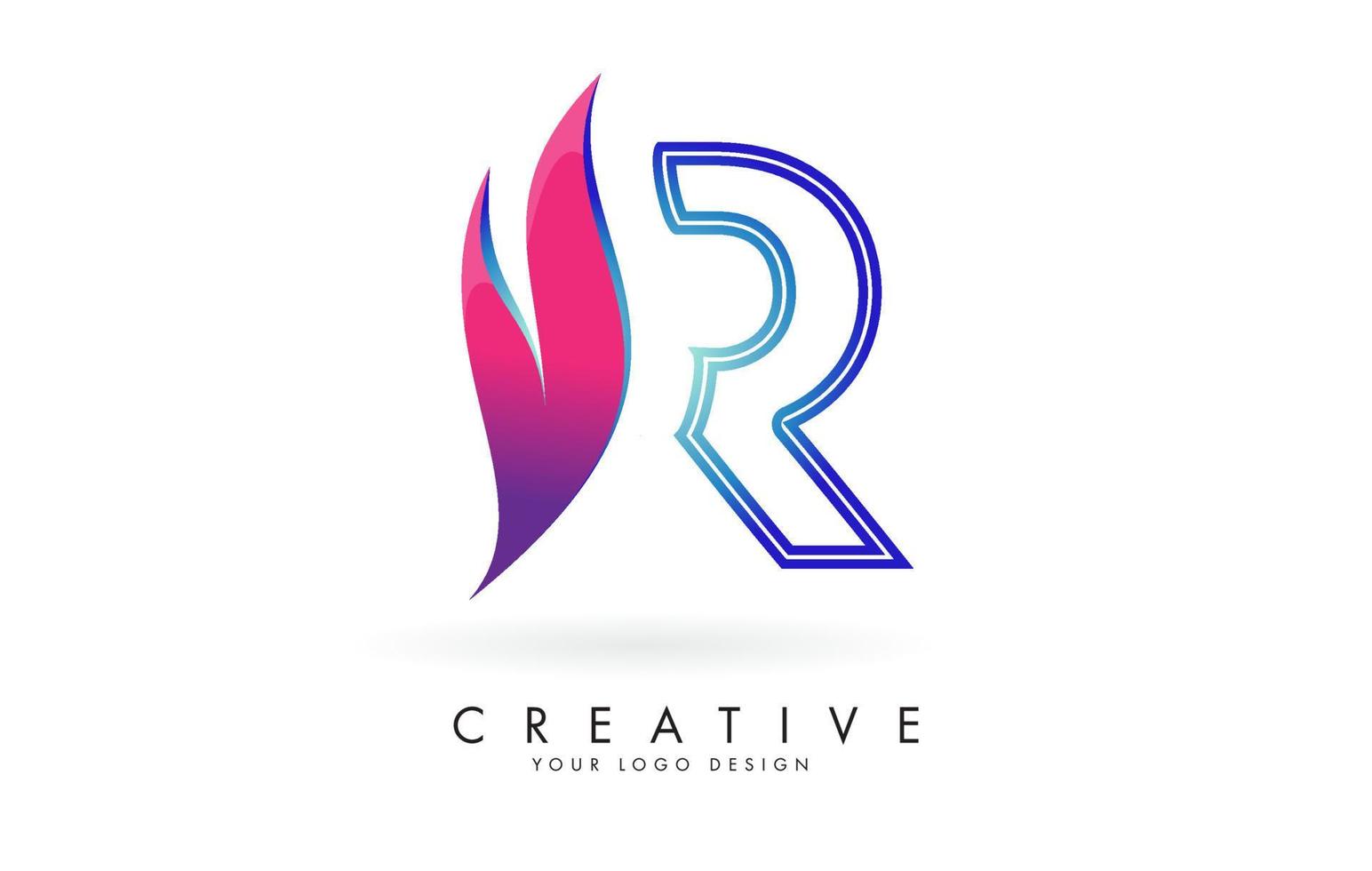 Outline Vector illustration of abstract letter R with colorful flames and gradient Swoosh design.