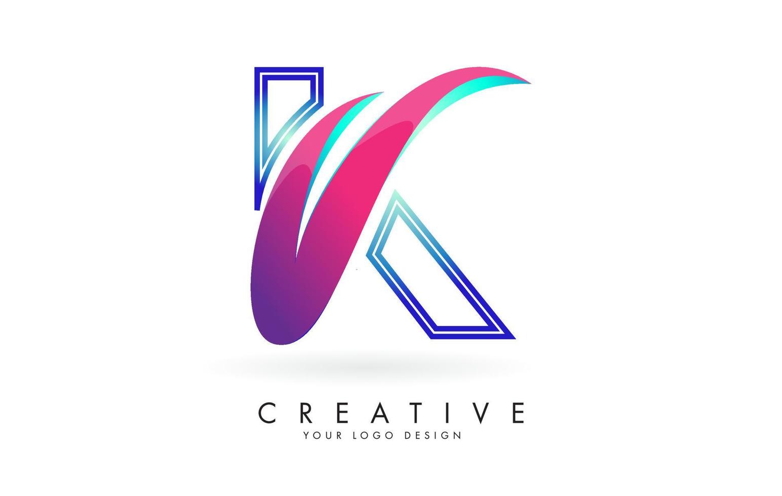 Outline Vector illustration of abstract letter K with colorful flames and gradient Swoosh design.