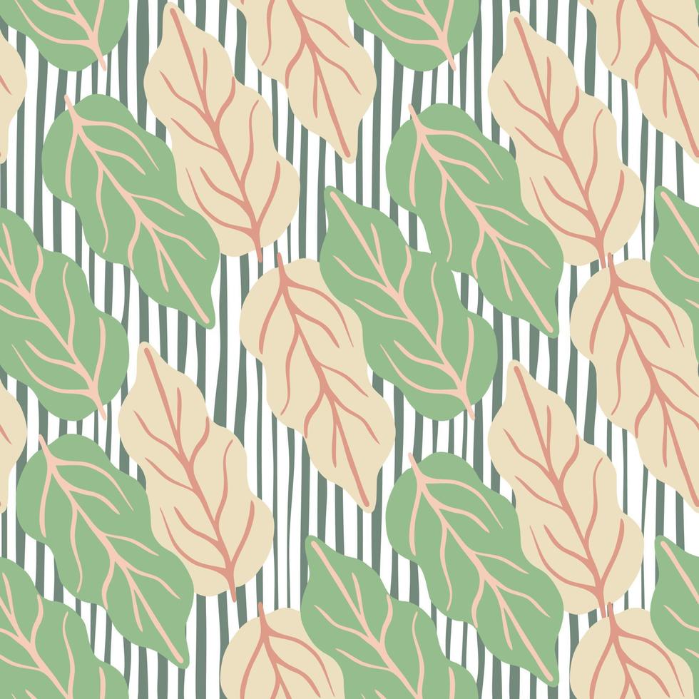 Botanical leaves seamless pattern on stripes background. Green foliage endless wallpaper. vector