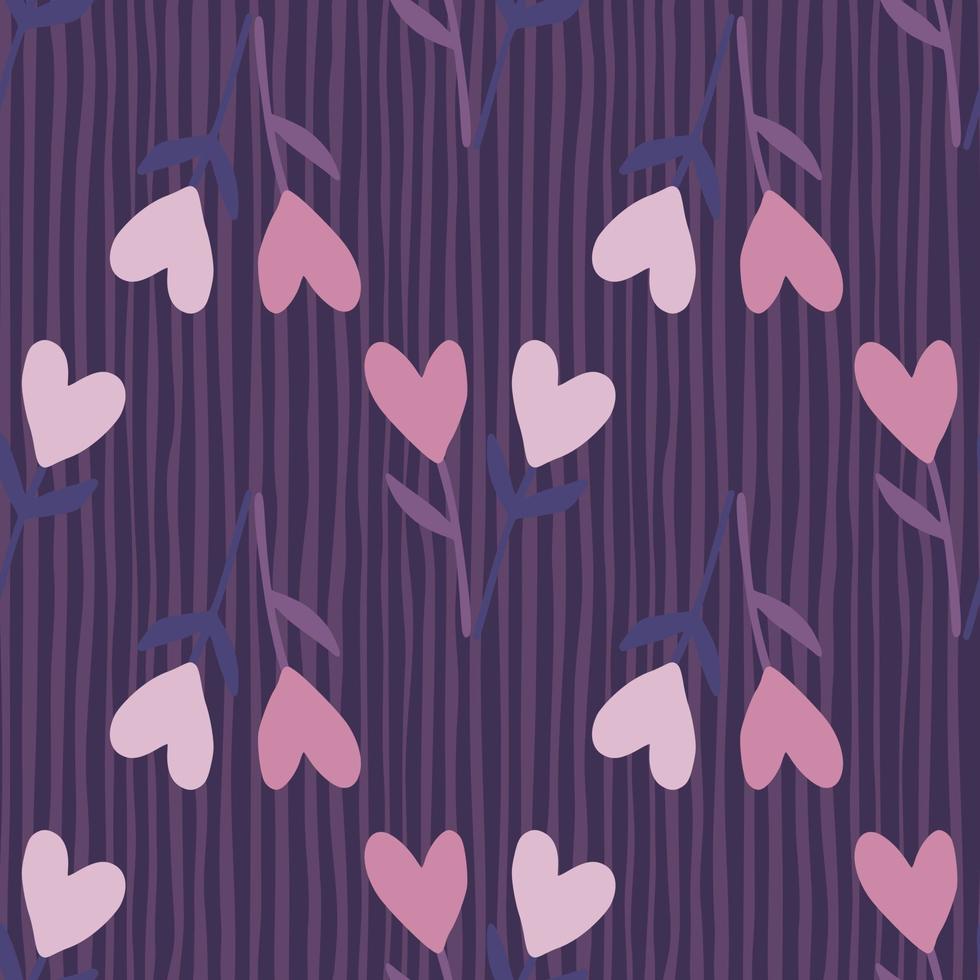 patrón floral simple sin costuras azul marino rosa claro y flores lilas con corazones. fondo morado con tiras. vector