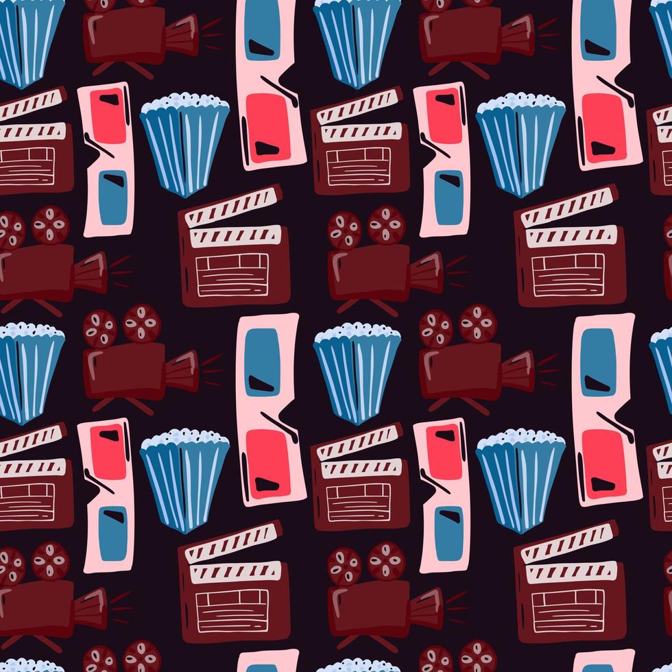 Stylized cinema movie seamless pattern with popcorn, camera, 3d glasses and clapperboard silhouettes. Black background. vector