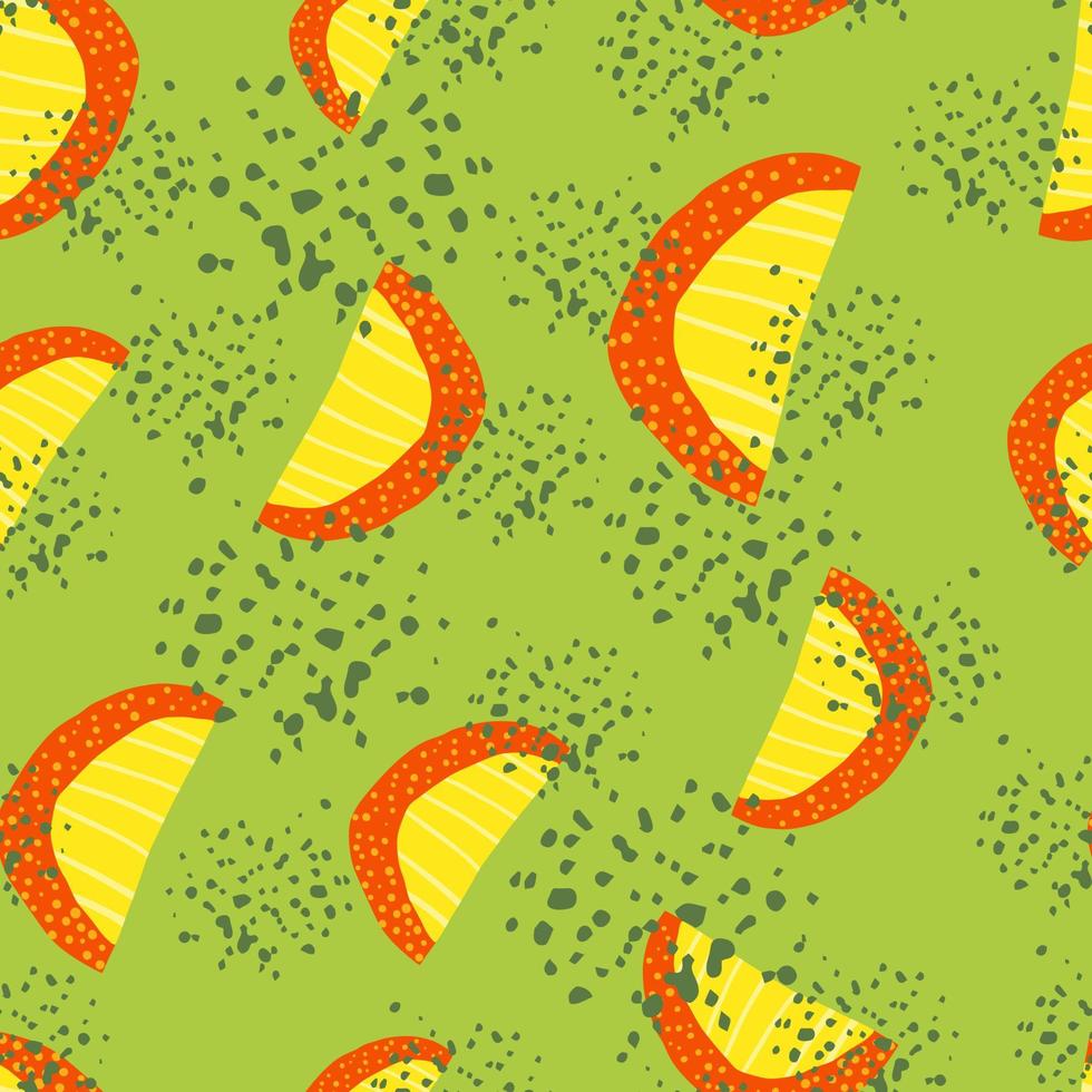 Random summer seamless pattern with fruit slices silhouettes. Yellow and red color fruit figures on green background with splashes. vector