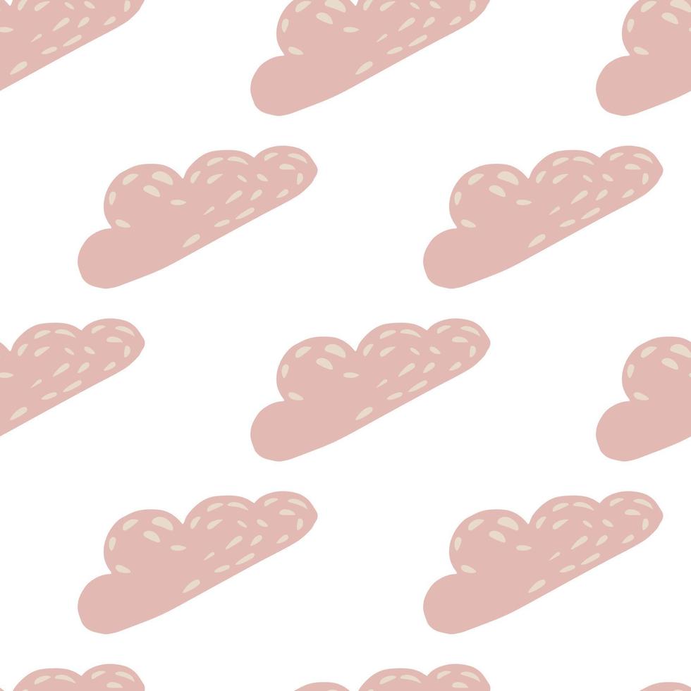 Isolated seamless hand drawn pattern with pink pale cloud shapes. White background. vector