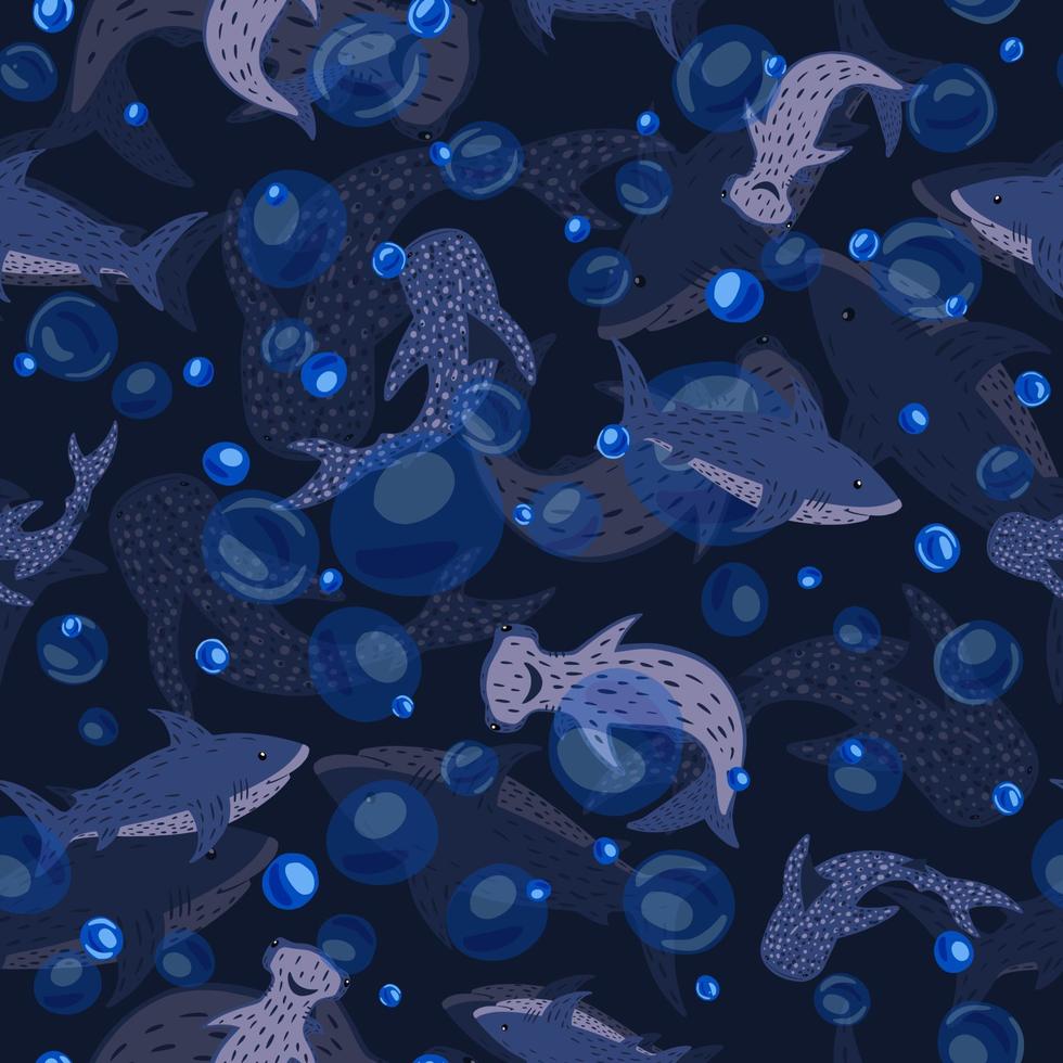 Seamless pattern see-through sharks on dark blue background. Random print with Hammerhead, Whale, White shark and bubbles. vector