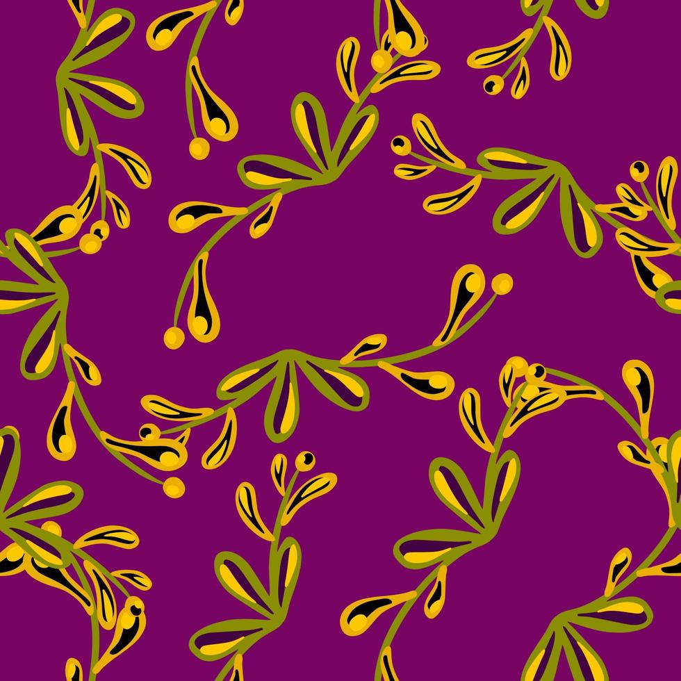 Abstract seamless pattern with hand drawn random floral branches silhouettes. Bright purple background. vector