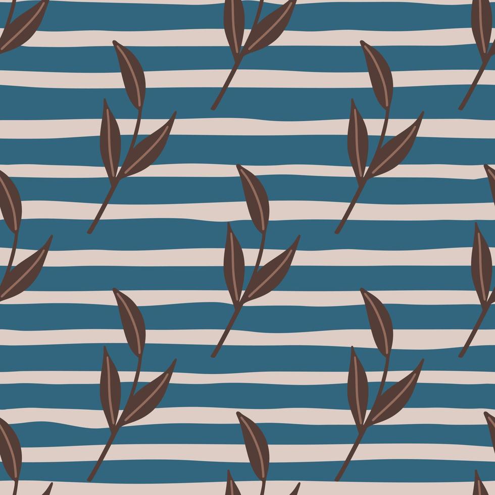 Brown diagonal leaf branches print seamless pattern in doodle style. Blue and grey striped background. vector