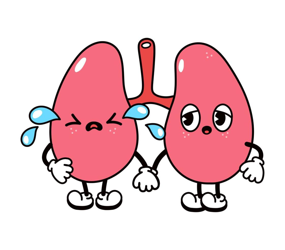 lindo gracioso llorando triste personaje de pulmones. vector dibujado a mano dibujos animados tradicionales vintage, retro, lindo gracioso llorando triste personaje de pulmones. vector dibujado a mano dibujos animados tradicionales vintage, retro,