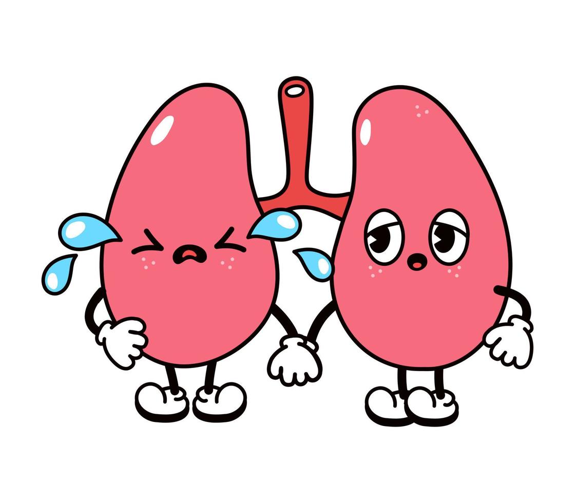 lindo gracioso llorando triste personaje de pulmones. vector dibujado a mano dibujos animados tradicionales vintage, retro, icono de ilustración de carácter kawaii. aislado sobre fondo blanco. concepto de personaje de pulmones llorosos