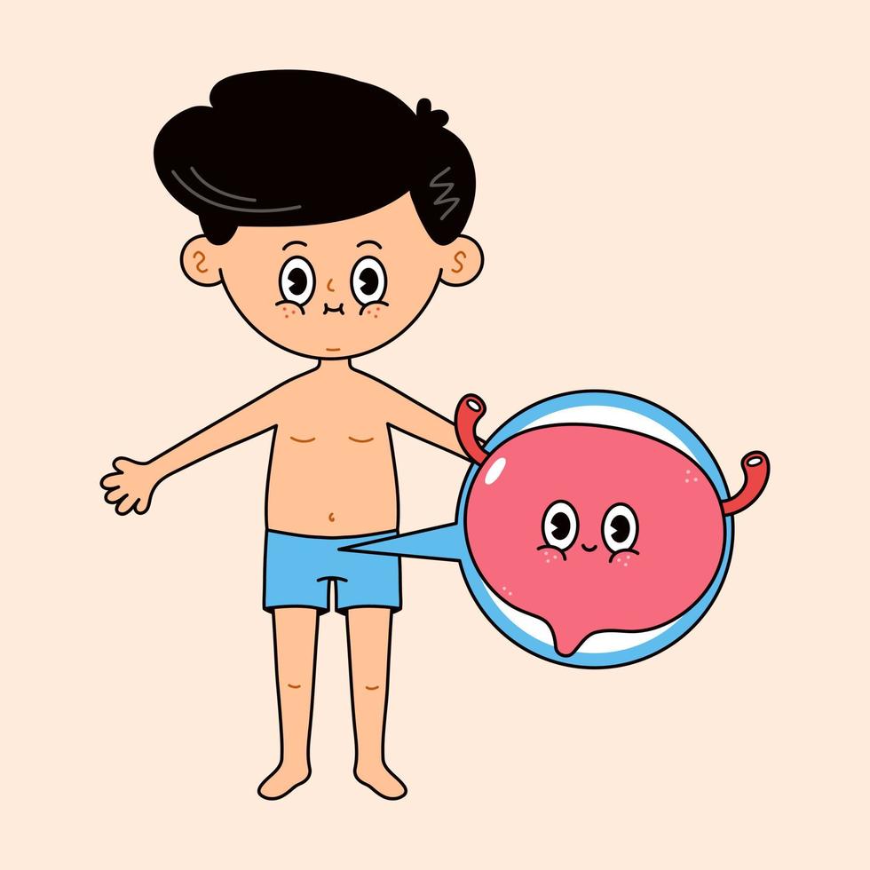 Man with bladder icon in a bubble. Vector hand drawn doodle style traditional cartoon vintage, retro character illustration icon design. Cute boy and bladder mascot character