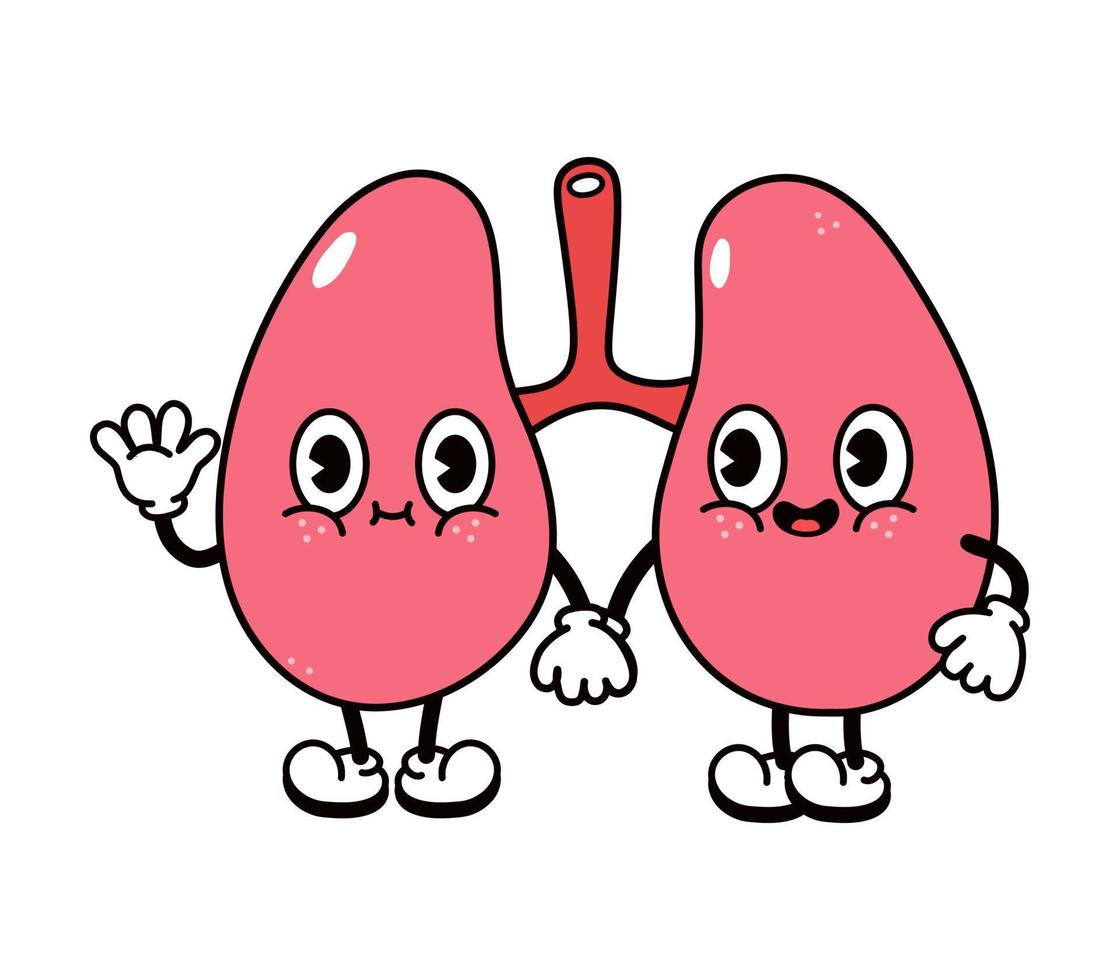 lindos pulmones divertidos que agitan el personaje de la mano. vector dibujado a mano dibujos animados tradicionales vintage, retro, icono de ilustración de carácter kawaii. aislado sobre fondo blanco. concepto de personaje de pulmones