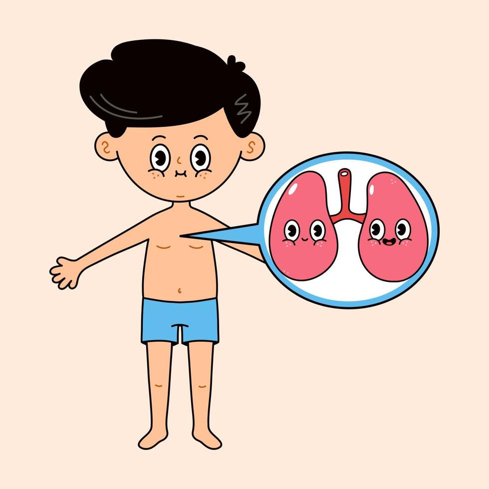 hombre con icono de pulmones en una burbuja. vector dibujado a mano estilo de fideos dibujos animados tradicionales vintage, diseño de icono de ilustración de carácter retro. lindo personaje de mascota de niño y pulmones