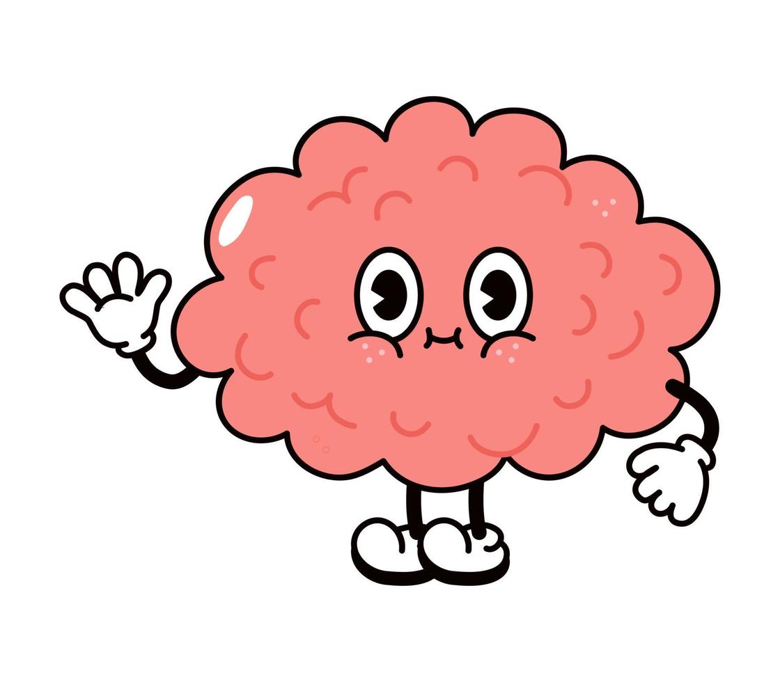 Cute funny brain waving hand character. Vector hand drawn traditional cartoon vintage, retro, kawaii character illustration icon. Isolated on white background. Brain character concept