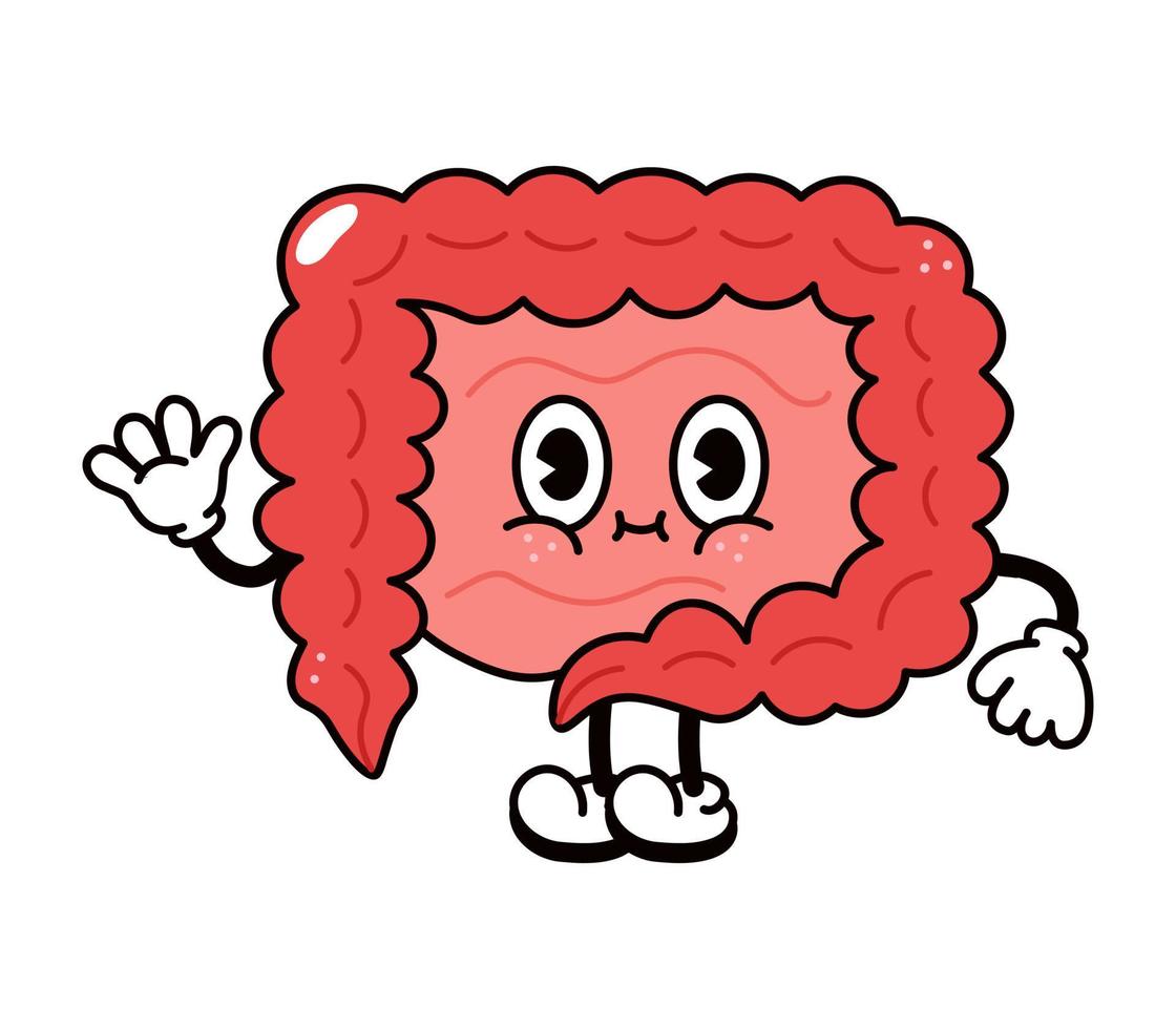 lindos intestinos divertidos que agitan el personaje de la mano. vector dibujado a mano dibujos animados tradicionales vintage, retro, icono de ilustración de carácter kawaii. aislado sobre fondo blanco. concepto de personaje de intestinos