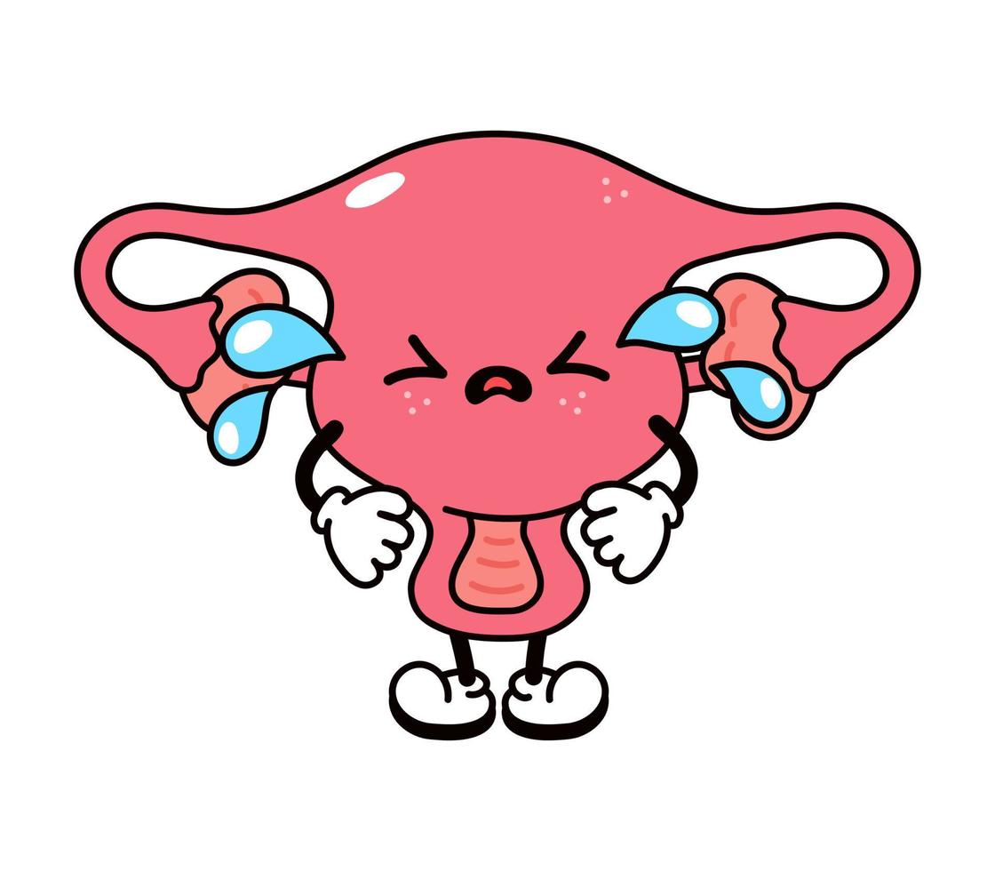 Cute funny crying sad uterus character. Vector hand drawn traditional cartoon vintage, retro, kawaii character illustration icon. Isolated on white background. Cry uterus character concept
