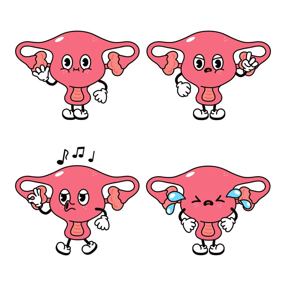 Funny cute uterus character bundle set. Vector hand drawn doodle style traditional cartoon vintage, retro character illustration icon design. Isolated white background. Uterus mascot character