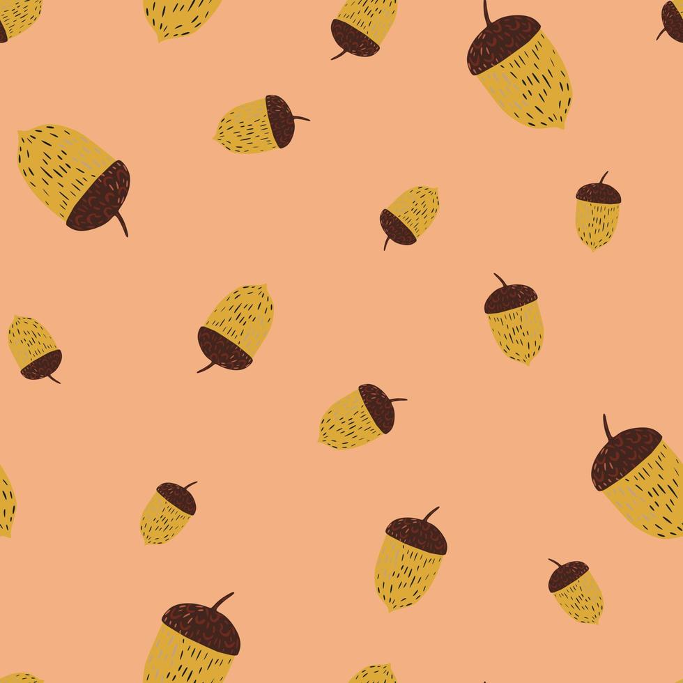 Random autumn seamless pattern with yellow pale and brown colored chestnuts. Beige background. vector