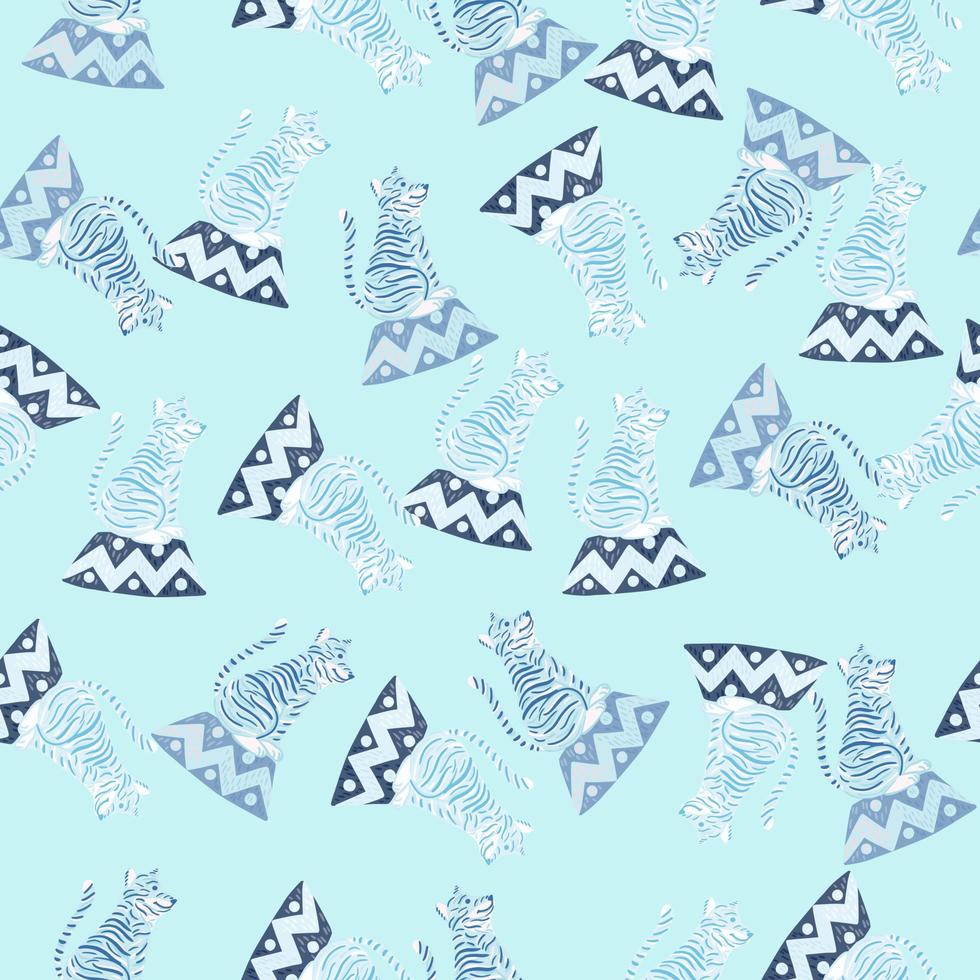 Cartoon childish style seamless pattern with random circus tiger ornament. Blue pastel palette artwork. vector