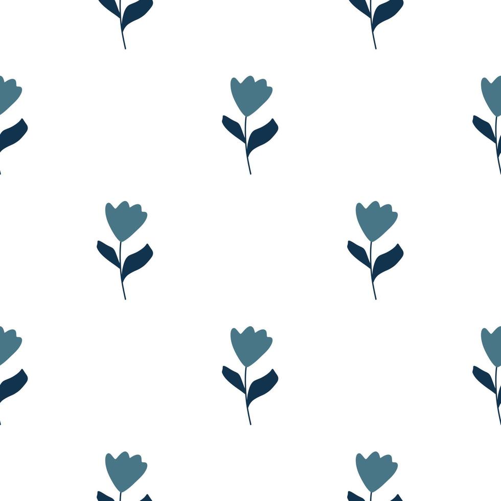 Minimalistic style seamless pattern with blue simple tulip flowers ornament. White background. Isolated print. vector