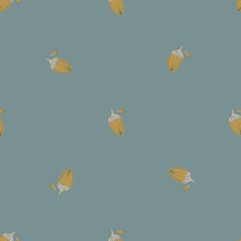 Autumn minimalistic seamless pattern with little acorn elements. Blue background. Simple style. vector