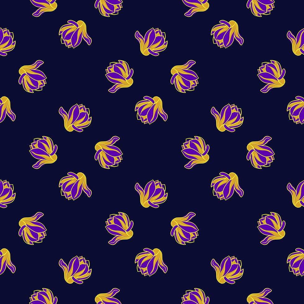 patrón abstracto sin costuras en tonos oscuros con adorno brillante de color amarillo magnolia y violeta. vector