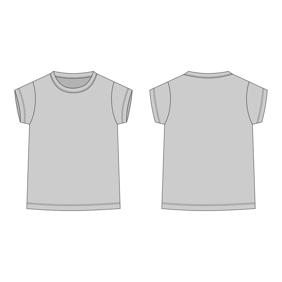 camiseta gris aislado aislado sobre fondo blanco. boceto técnico delantero y trasero ropa para niños. vector