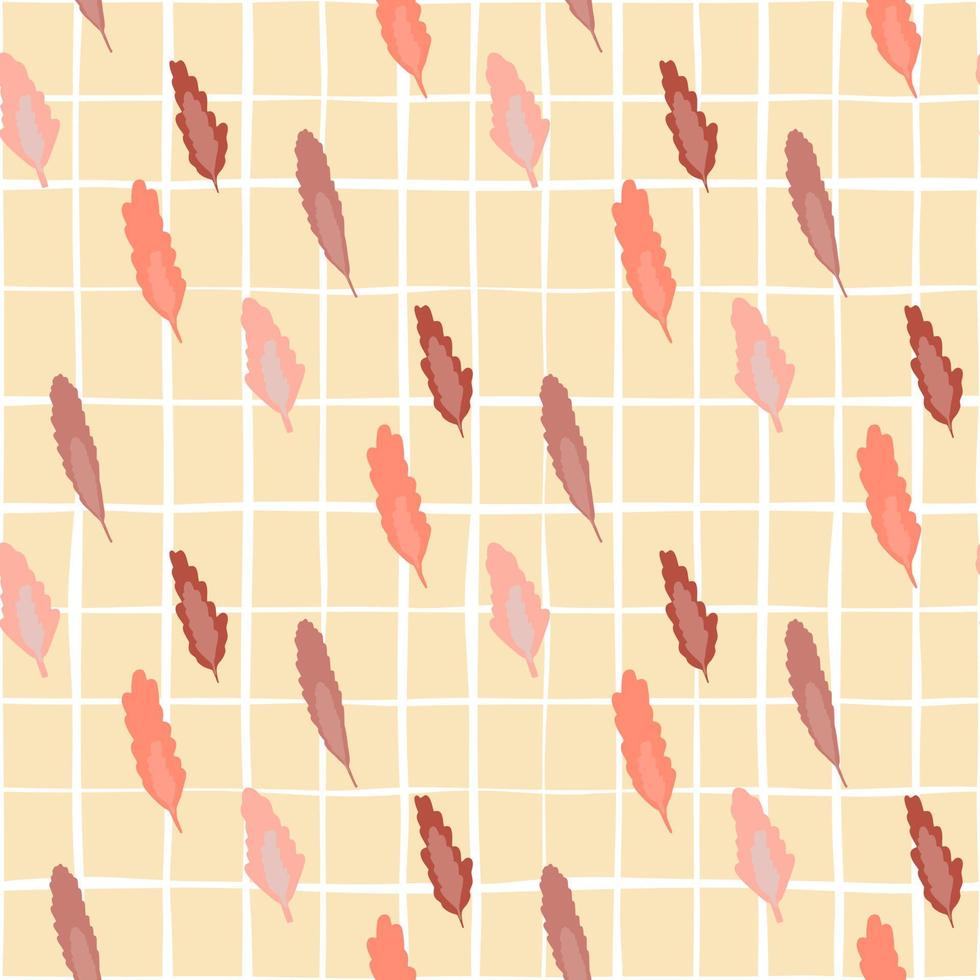 Pastel seamless pattern with tree leafs on pink chequered background. Brown, coral and pink botanic ornament. vector
