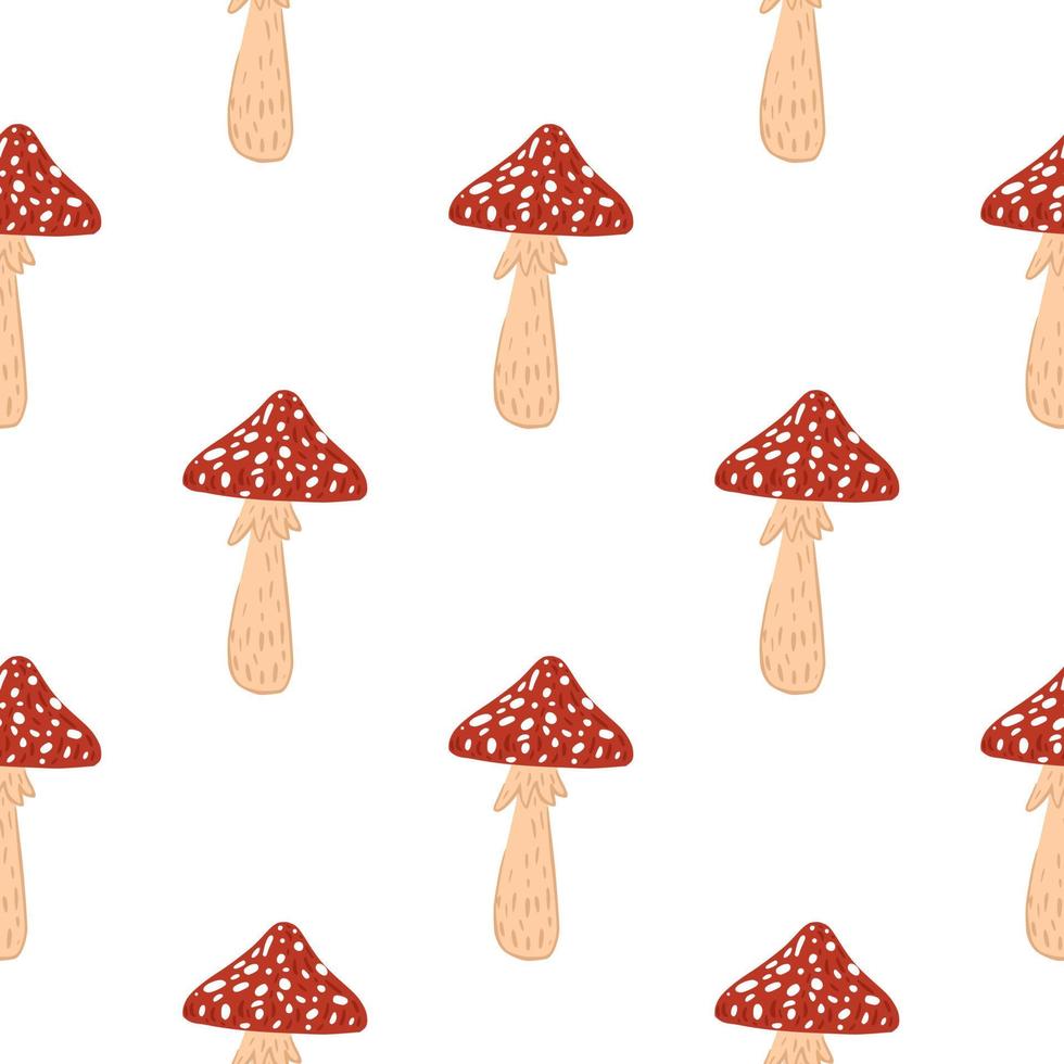 Isolated seamless forest pattern with red and beige colored mushroom ornament. White background. vector