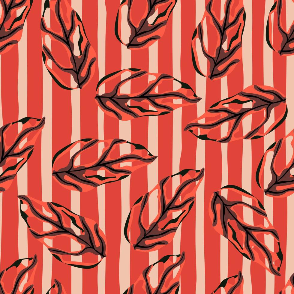 patrón aleatorio sin costuras en contraste con siluetas negras abstractas simples de monstera. fondo de rayas rojas y rosas. vector