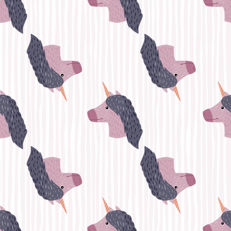 Purple unicorn faces ornament seamless doodle pattern. Light grey background with strips. Hand drawn magical backdrop. vector