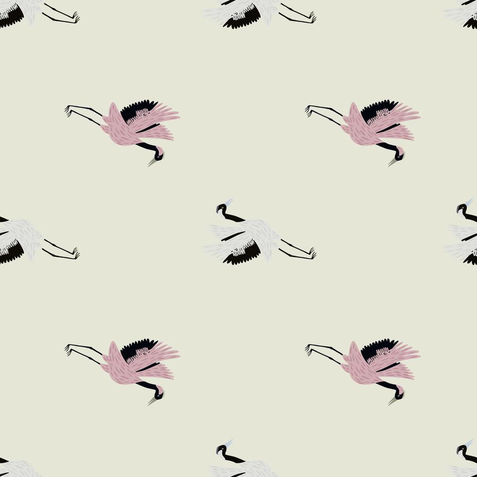 Pastel tones white and pink crane bird animal seamless pattern in doodle style. Grey light background. Animal print. vector