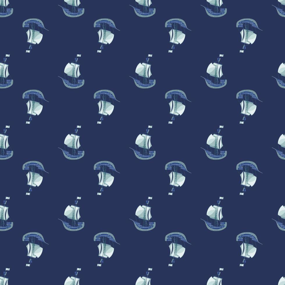 Travel transport seamless pattern with doodle sailboat ship print. Navy blue background. Doodle ornament. vector