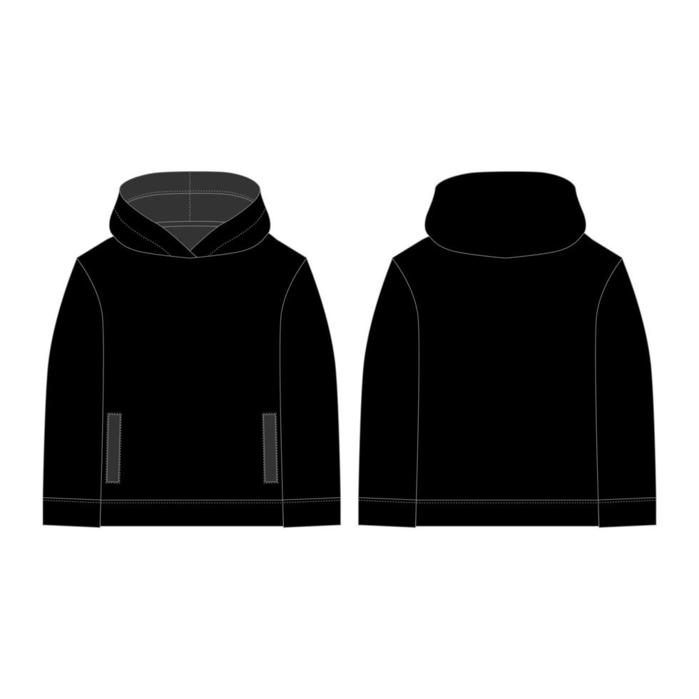 sudadera con capucha negra para niños sobre fondo blanco. boceto técnico con capucha. vector