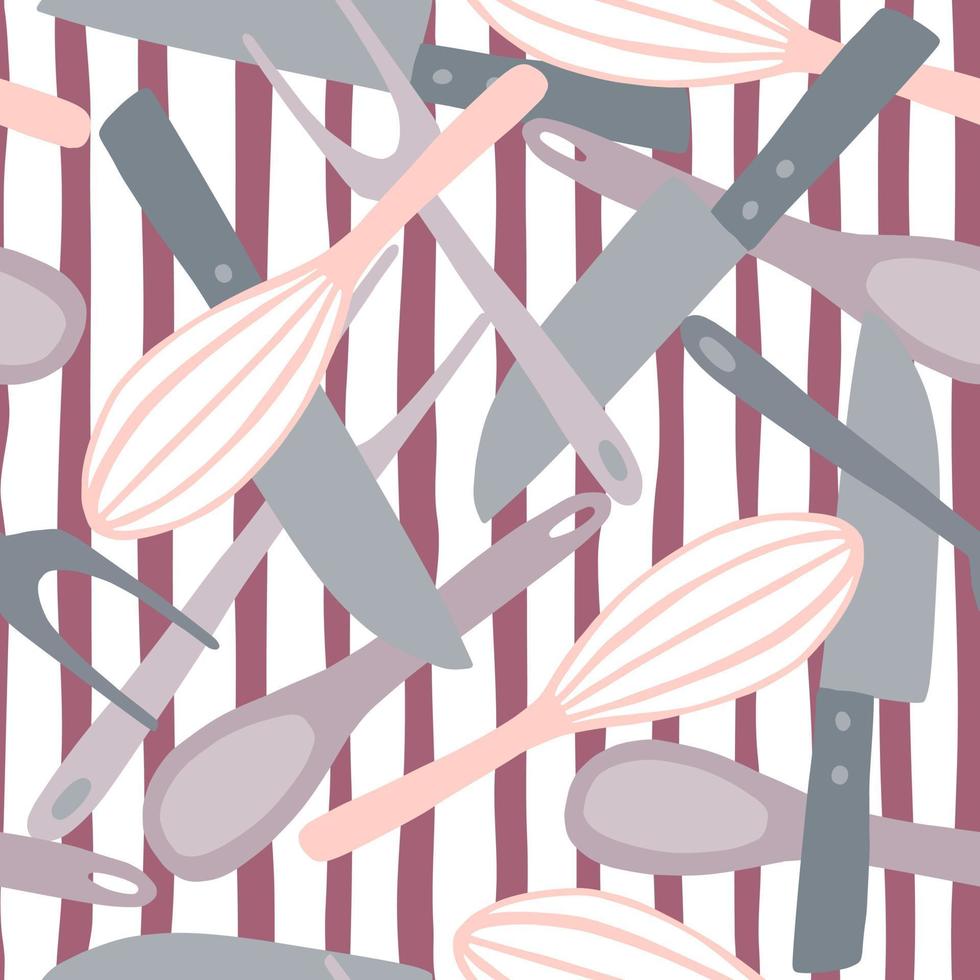 Random stylized cooking seamless pattern with knife, spoon, fork, corolla doodle silhouettes. Pastel tones kitchen equipment artwotk on striped background. vector